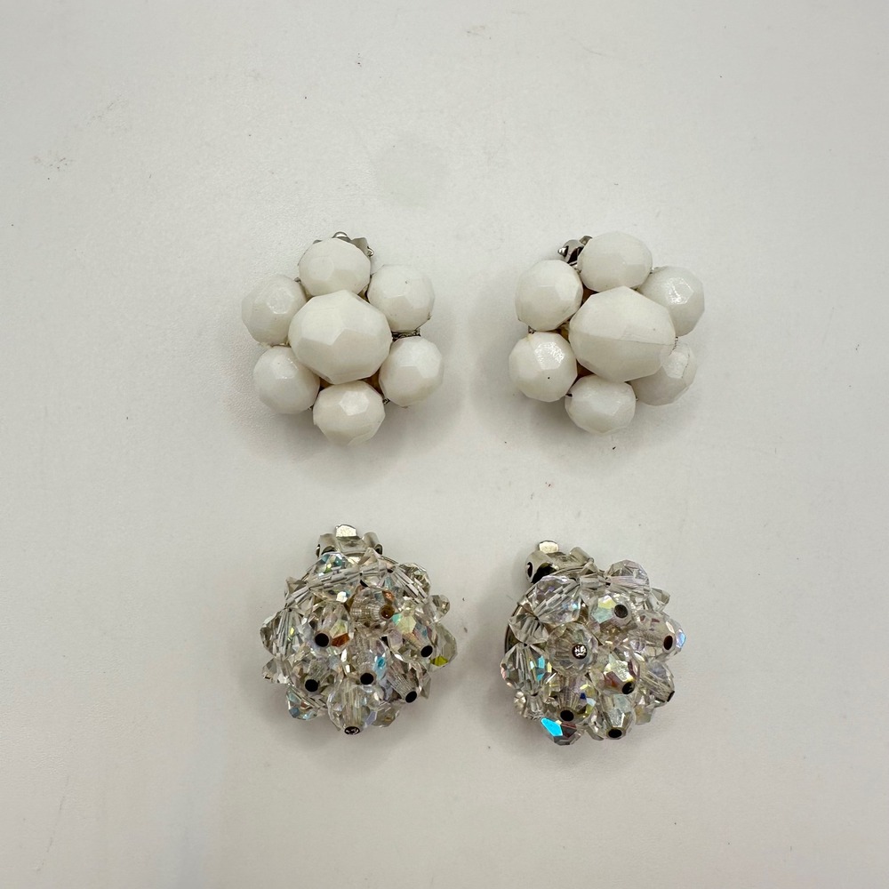 VTG Hong Kong Clip On Earrings Set Milk White & Aurora Borealis Crystal Cluster